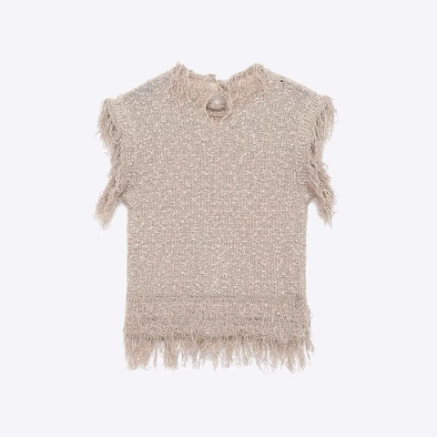 Damen Casual Quasten Strickweste Ärmellos Rundhals Beige Häkeloberteil Mit Rückenknöpfen Boho Sommer Strickmode
