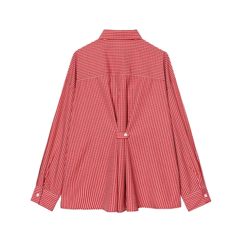 Women Striped Long Sleeve Shirt Back Button Loose Fit Casual Turn-down Collar Blouse Top Red Brown Burgundy Striped