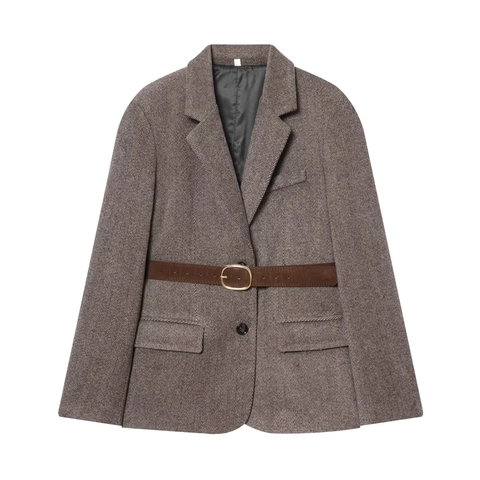 Damen Vintage Fischgräten-Blazer Mit Gürtel Langarm Reverskragen Büro Sakko Reguläre Passform Pendler Oberbekleidung