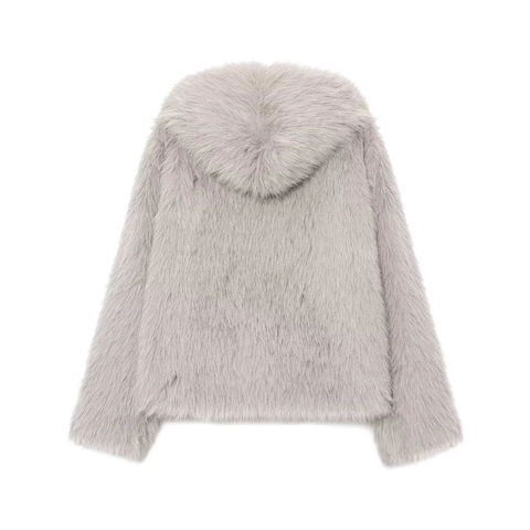 Damen Winter Mode Hellgrau Kapuze Kunstpelzmantel Elegant Langarm Warm Synthetik Pelzjacke Oberbekleidung