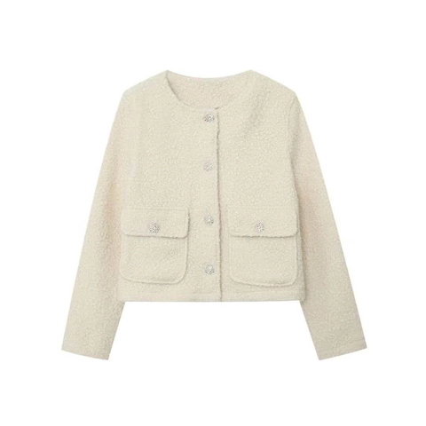 Dames Elegante Imitatie Lamswol Korte Jas Melkwit Bouclé Ronde Hals Strass Knoop Bovenkleding Herfst Woon-werkverkeer Jas