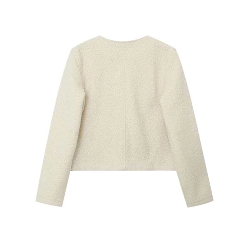Dames Elegante Imitatie Lamswol Korte Jas Melkwit Bouclé Ronde Hals Strass Knoop Bovenkleding Herfst Woon-werkverkeer Jas