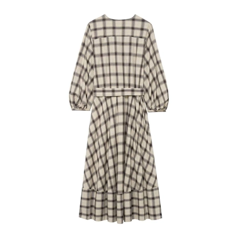 Dames Vintage Ruit Midi Jurk Lantaarnmouwen Lange Mouwen Ronde Hals Ruitpatroon Jurk Met Tailleriem Commuter Stijl Jurk