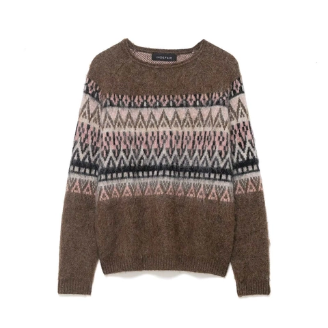 Suéter de Punto Jacquard Fair Isle Vintage para Mujer Cuello Redondo Manga Larga Textura de Mohair Otoño Invierno Marrón