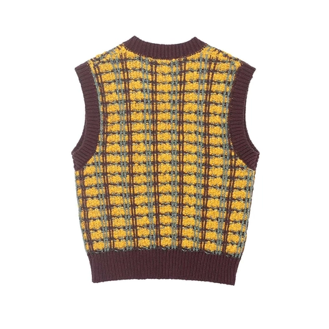 Gilet in Maglia a Quadri Vintage Scollo a V Senza Maniche Maglione a Trama per Donna Casual Moda Autunno Maglieria Gilet
