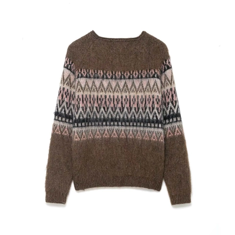 Suéter de Punto Jacquard Fair Isle Vintage para Mujer Cuello Redondo Manga Larga Textura de Mohair Otoño Invierno Marrón