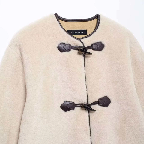 Women Fashion Faux Fur Coat With Toggle Buttons Winter Round Neck Long Sleeve Warm Solid Color Mid Length Jackets Outerwear