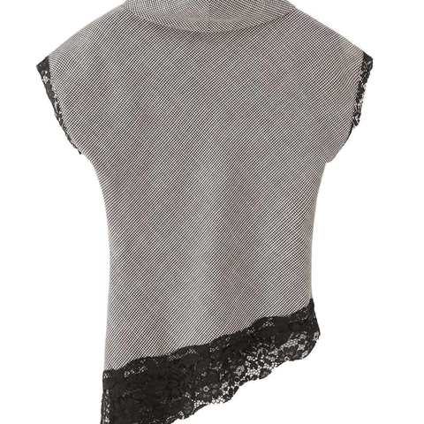Dames Elegante Houndstooth Hoogsluitende Mouwloze Top Met Kantstiksel Asymmetrische Zoom Vintage Slim Fit Blouse Shirt