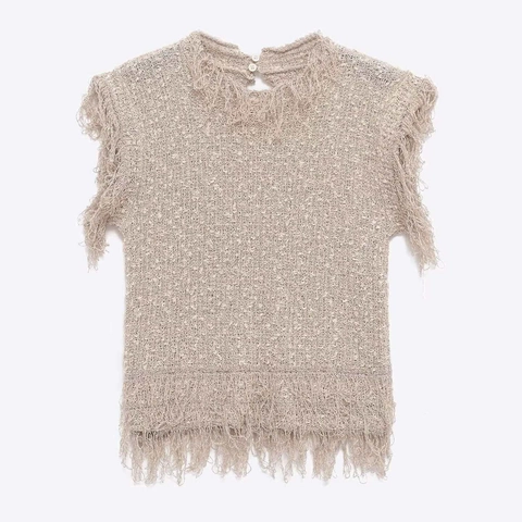 Damen Casual Quasten Strickweste Ärmellos Rundhals Beige Häkeloberteil Mit Rückenknöpfen Boho Sommer Strickmode
