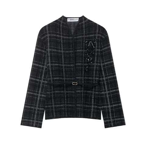 Eleganter Karomuster Perlenbesetzter Strick Cardigan Für Damen Slim Fit Langarm Jacke Mit Gürtel Anspruchsvolle Herbstmode