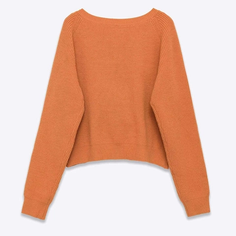 Women Casual Long Sleeve Knit Sweater Ribbed Pullover Top With Back Twist Knot Detail Solid Orange Polyester Knitwear