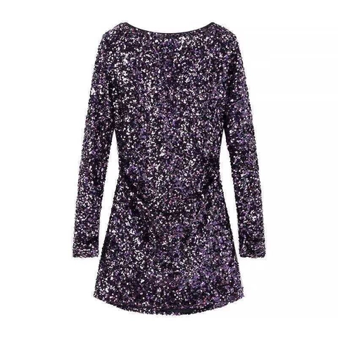 Elegantes Lila Verlauf Pailletten Kleid Langarm Damen Sexy Rückenfrei Tiefer V Bodycon Mini Partykleid Für Bankett