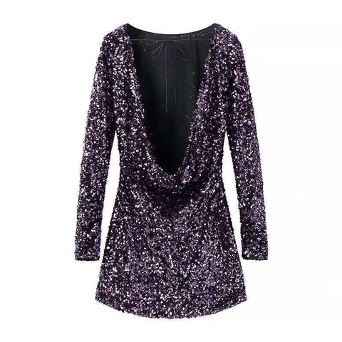 Elegantes Lila Verlauf Pailletten Kleid Langarm Damen Sexy Rückenfrei Tiefer V Bodycon Mini Partykleid Für Bankett