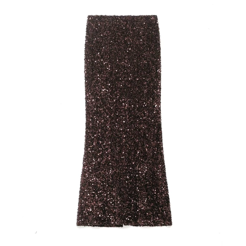 Women High Waist Sequin Fishtail Skirt Dark Brown Sexy Front Slit Sparkly Long Skirt For Party Evening Clubwear