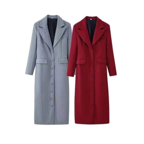 Cappotto Lungo di Lana Elegante da Donna Tinta Unita Monopetto con Bavero Soprabito Caldo in Poliestere per Autunno Inverno
