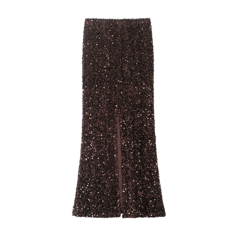 Women High Waist Sequin Fishtail Skirt Dark Brown Sexy Front Slit Sparkly Long Skirt For Party Evening Clubwear
