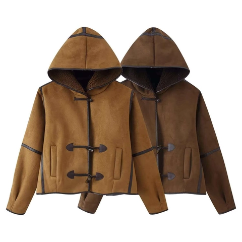 Giacca Invernale da Donna con Cappuccio Ispessita in Finta Pelle Scamosciata Cappotto Foderato in Pile con Bottoni in Corno
