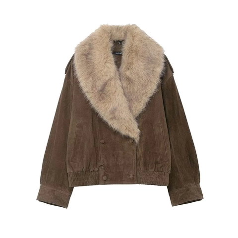 Women Winter Faux Suede Jacket With Detachable Faux Fur Collar Double Breasted Loose Fit Short Coat Vintage Brown Outerwear