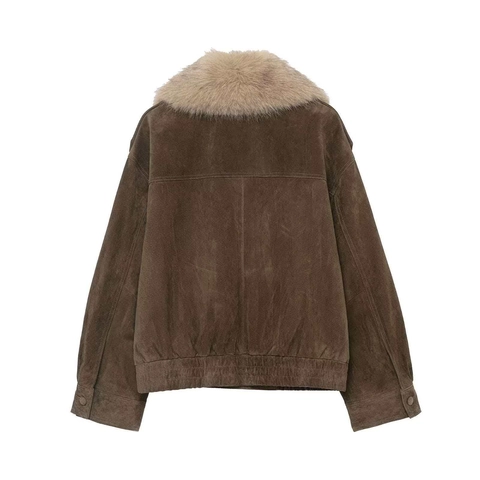 Women Winter Faux Suede Jacket With Detachable Faux Fur Collar Double Breasted Loose Fit Short Coat Vintage Brown Outerwear
