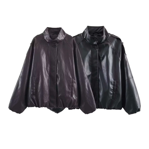 Giacca in Ecopelle da Donna con Colletto alla Coreana Cappotto in Pelle PU Casual a Maniche Lunghe Tinta Unita Autunno