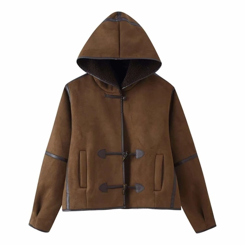 Giacca Invernale da Donna con Cappuccio Ispessita in Finta Pelle Scamosciata Cappotto Foderato in Pile con Bottoni in Corno