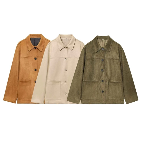 Chaqueta de Solapa de Gamuza Sintética Retro para Mujer Botonadura Sencilla Color Sólido Ropa de Abrigo Informal con Bolsillos