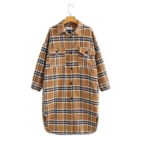 Women Vintage Plaid Long Shacket Button Down Woolen Shirt Jacket Oversized Coat With Flap Pockets Casual Outwear