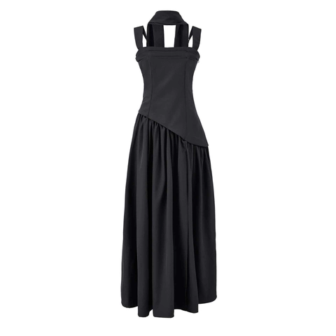 Damen Sexy Neckholder Maxikleid Asymmetrisch Plissiert Ärmellos Elegant Einfarbig Sommer Socialite Langes Kleid