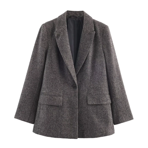 Dames Blazer Met Visgraatmotief Grijs Wollook Revers Eén Knoop Vintage Woon-werkverkeer Kantoor Jasje Bovenkleding