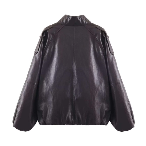 Giacca in Ecopelle da Donna con Colletto alla Coreana Cappotto in Pelle PU Casual a Maniche Lunghe Tinta Unita Autunno