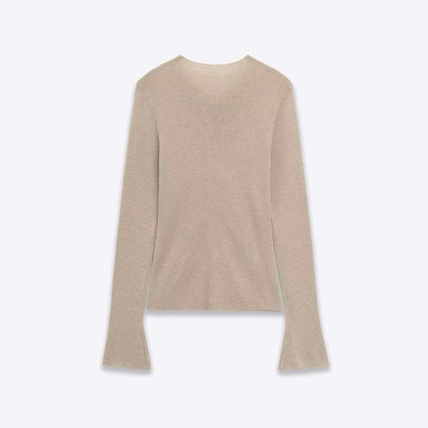 Elegant Women Ruched Button Front Knit Sweater Casual Long Sleeve Bell Sleeve Top Khaki Solid Color Round Neck Outerwear