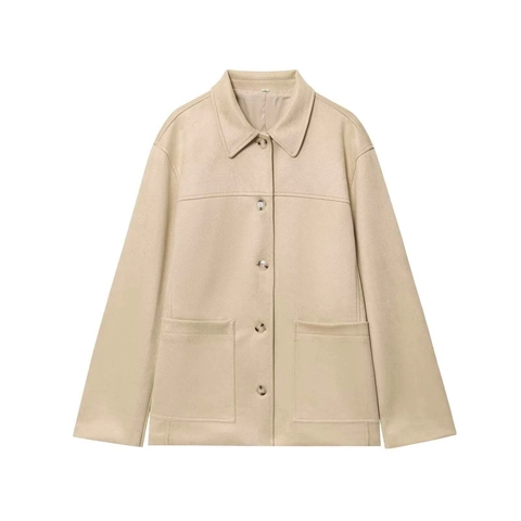 Chaqueta de Solapa de Gamuza Sintética Retro para Mujer Botonadura Sencilla Color Sólido Ropa de Abrigo Informal con Bolsillos