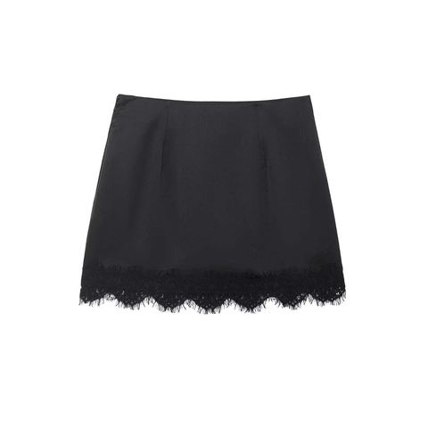 Minigonna da Donna in Raso Nero Con Orlo in Pizzo Cerniera Invisibile Laterale Elegante Gonna a Vita Alta Casual per Ufficio