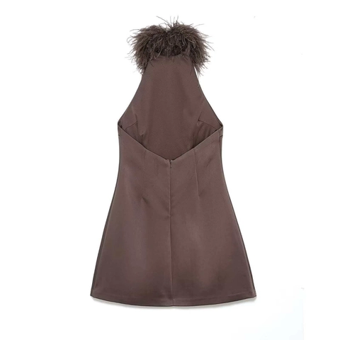 Elegante Vestito Midi Halter Con Finiture in Piume Raso Bodycon Party Dress Schiena Scoperta Senza Maniche Caffè
