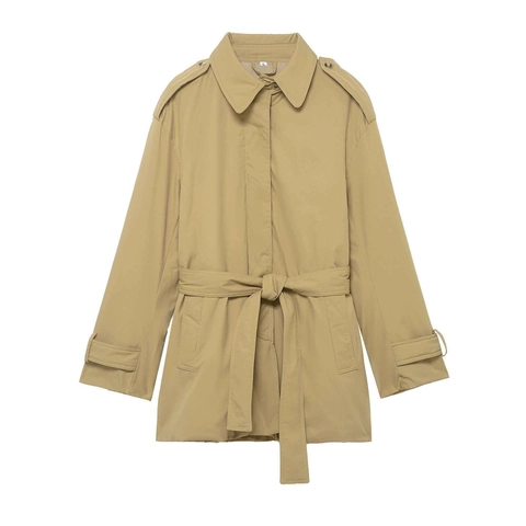 Women's Khaki Mid-Length Trench Coat With Belt Epaulets Elegant Long Sleeve Lapel Commuter Solid Windbreaker Jacket