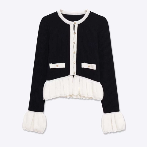 Elegant Women Contrast Knitted Cardigan Gold Button Slim Fit Long Sleeve Ruffle Hem Round Neck Polyester Knitwear Top