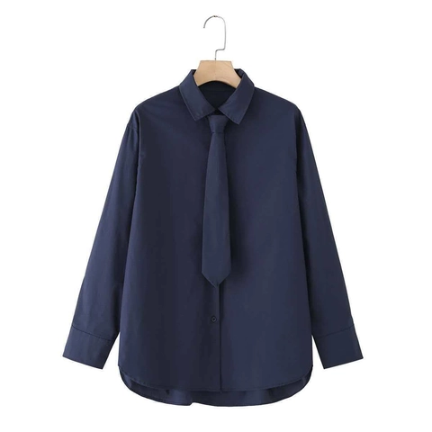 Women Casual Solid Cotton Poplin Long Sleeve Shirt With Necktie Loose Fit Commute Blouse Navy Blue Autumn Winter Tops
