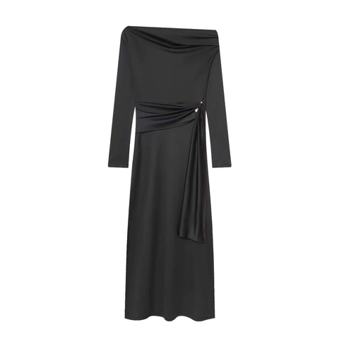 Damen Elegant Schulterfrei Langarm Maxikleid Gerafft Schmale Passform Abendgesellschaft Kleid Einfarbig Bodycon Langes Kleid