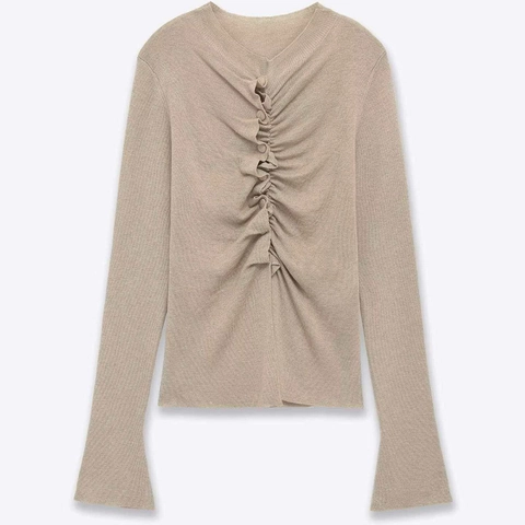 Elegant Women Ruched Button Front Knit Sweater Casual Long Sleeve Bell Sleeve Top Khaki Solid Color Round Neck Outerwear