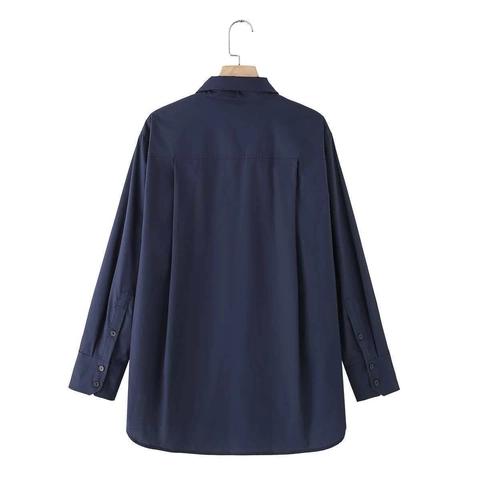 Women Casual Solid Cotton Poplin Long Sleeve Shirt With Necktie Loose Fit Commute Blouse Navy Blue Autumn Winter Tops