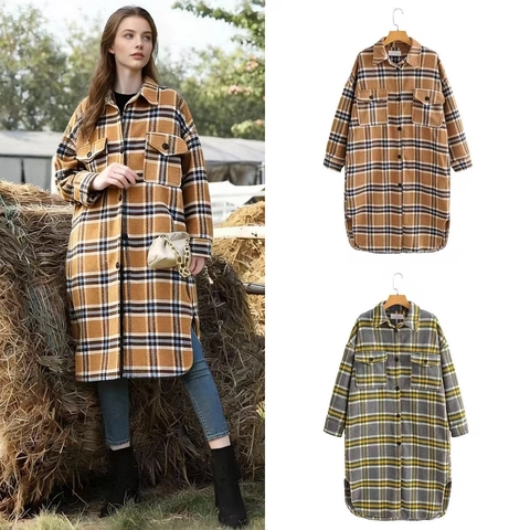 Women Vintage Plaid Long Shacket Button Down Woolen Shirt Jacket Oversized Coat With Flap Pockets Casual Outwear