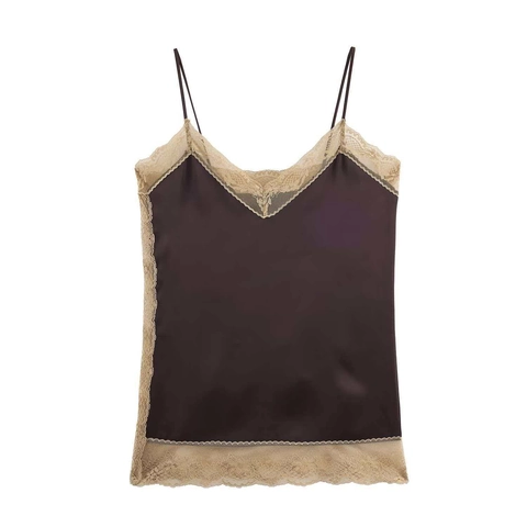 Canotta in Raso da Donna Con Patchwork in Pizzo Scollo a V Spalline Sottili Regolabili Stile Retrò Francese Sexy Top Senza Maniche