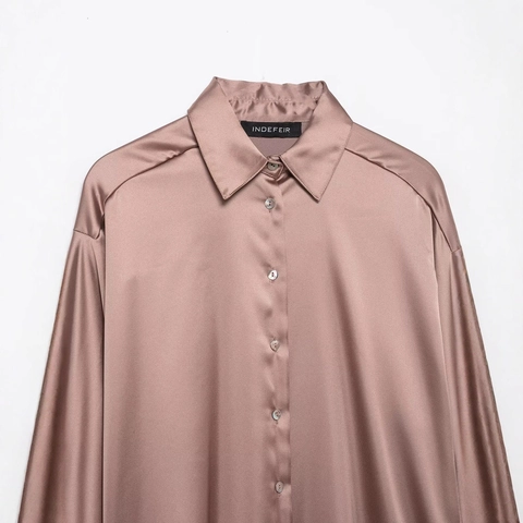Women Elegant Satin Blouse Dropped Shoulder Long Sleeve Button Down Shirt Lapel Office Commute Solid Color Satin Top