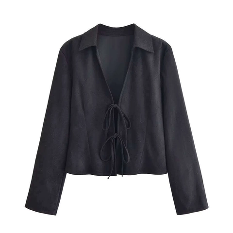 Women's Vintage Suede-Look Blazer Jacket Elegant Solid Black Slim Fit Tie Front Long Sleeve Outerwear Fall Fashion Coat
