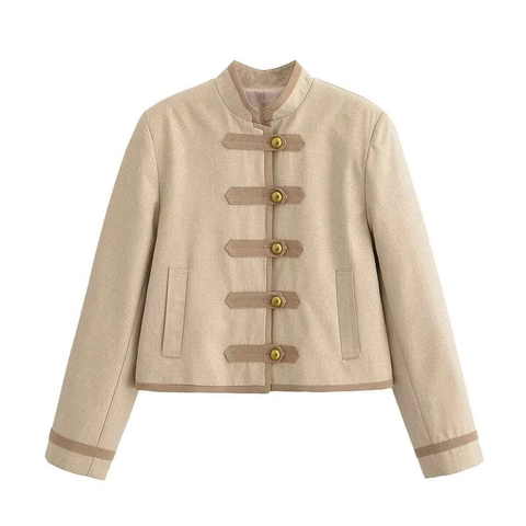 Veste Blazer Courte Vintage pour Femme Col Montant Style Militaire Rétro Passepoil Contrasté Bouton Doré Beige Clair