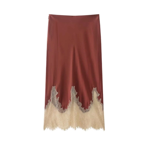 Elegante Satijn Midi Rok Voor Dames Baksteenrood Patchwork Wimperkant Trim Onzichtbare Rits Slim Fit Forens Rok