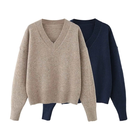 Maglione da Donna Casual con Scollo a V e Maniche Lunghe Pullover in Maglia Morbida Tinta Unita Autunno Moda Top