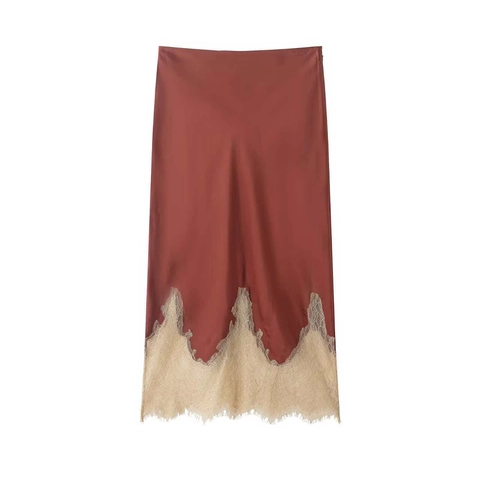 Elegante Satijn Midi Rok Voor Dames Baksteenrood Patchwork Wimperkant Trim Onzichtbare Rits Slim Fit Forens Rok