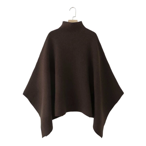 Dames Elegant Hoge Hals Gebreide Poncho Cape Asymmetrische Zoom Vleermuismouw Losse Pullover Warme Breigoed Wikkel