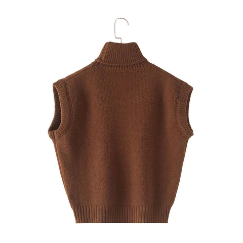 Gilet en Maille Col Haut pour Femmes Mélange de Cachemire Doux Pullover Sans Manches Nervuré Couleur Unie Style Commuter Haut
